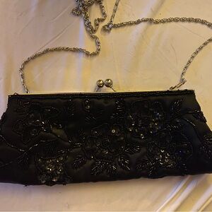 Black Beaded Evening Clutch with Floral Design